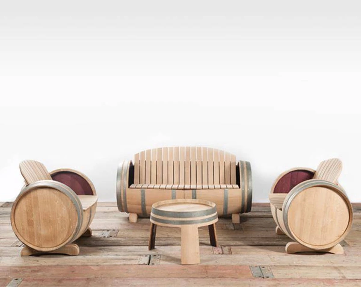 Tonneau De Vin Lounge Set XL "Ilja Gort" 2 X Chaise, 1 X Canapé & 1 X Table Brossé, Poncé 1 Tonneau De Vin Lounge Set XL "Ilja Gort" 2 X Chaise, 1 X Canapé & 1 X Table Brossé, Poncé