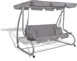 Banc De Balançoire Springos | Venise-Swing | 3 Places | Imperméable à L'eau | Comprend 2 Coussins | Auvent Réglable | 163 X 193 X 120 Cm | Gris -Jardin Meubles Magasin 1200x954