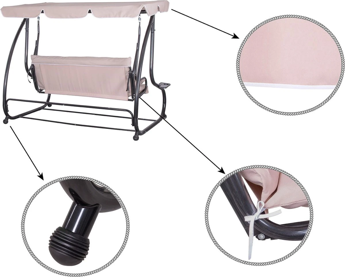 Banc De Balançoire Springos | Venise-Swing | 3 Places | Imperméable à L'eau | Comprend 2 Coussins | Auvent Réglable | 163 X 212 X 125 Cm | Beige 5 Banc De Balançoire Springos | Venise-Swing | 3 Places | Imperméable à L'eau | Comprend 2 Coussins | Auvent Réglable | 163 X 212 X 125 Cm | Beige – Image 5