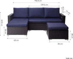 Teamson Home Mobilier De Jardin D'extérieur, Ensemble De 3 Canapés Sectionnels En Osier De Rotin Avec Canapé 2 Places, Chaise Longue, Table Et Coussins, Marron/ Blauw -Jardin Meubles Magasin 1200x965 5