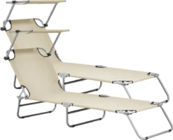 Lot De 2 Transats Avec Pare-Soleil Chaises Longues Inclinables Réglable En 5 Positions Bains De Soleil Design Avec Anses De Transport Capacité De Charge 110 Kg Acier Polyester Argenté Beige [casa.pro]