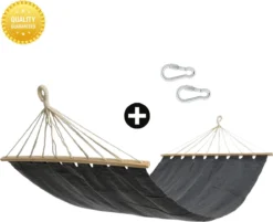 Hamac De Luxe Qualix Avec Barre D'écartement - Zwart - 100% Katoen - Confortable - Comprend 2 Mousquetons - Sans Support - Avec Matériel De Fixation - 100 X 200 Cm