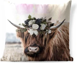 Coussin D'extérieur - Highlander écossais - Fleurs - Nature - 45x45 Cm - Résistant Aux Intempéries