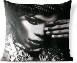 Coussin D'extérieur - Femme - Bijoux - Zwart - Wit - 45x45 Cm - Résistant Aux Intempéries