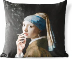 Sierkussen Extérieur - La Fille à La Perle - Vermeer - Smoking - 60x60 Cm - Résistant Aux Intempéries