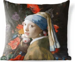 Sierkussen Outdoor - Boucle D'oreille Fille Avec Une Perle - Vermeer - Fleurs - 60x60 Cm - Résistant Aux Intempéries