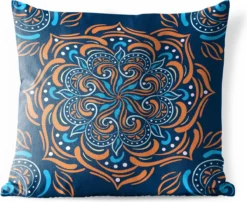 Coussins D'extérieur - Jardin - Motif Carré Avec Un Mandala Détaillé Et Orange Sur Fond Bleu Foncé - 60x60 Cm