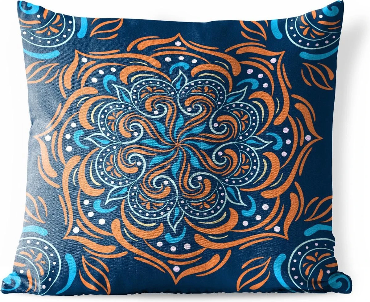 Coussins D'extérieur - Jardin - Motif Carré Avec Un Mandala Détaillé Et Orange Sur Fond Bleu Foncé - 60x60 Cm 1 Coussins D'extérieur - Jardin - Motif Carré Avec Un Mandala Détaillé Et Orange Sur Fond Bleu Foncé - 60x60 Cm