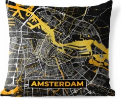 Coussin De Jardin - Carte - Amsterdam - Or - Zwart - 40x40 Cm - Résistant Aux Intempéries