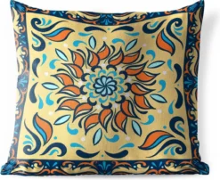 Coussins D'extérieur - Jardin - Motif Carré Avec Un Tournesol Orange Sur Fond Jaune Avec Un Cadre - 40x40 Cm