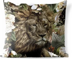 Coussin D'extérieur Résistant Aux Intempéries - Lion - Fleurs - Feuille - 50x50 Cm