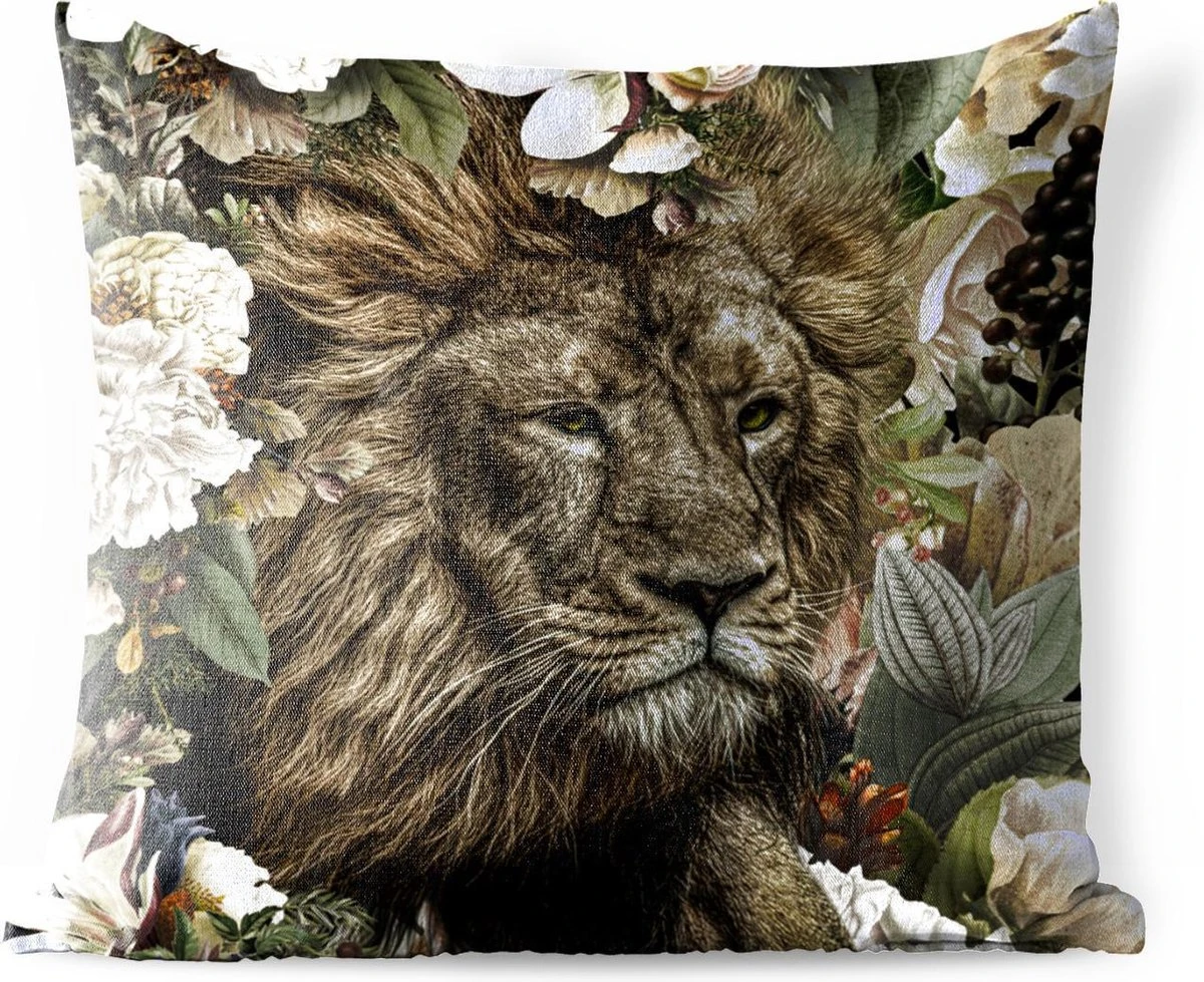 Coussin D'extérieur Résistant Aux Intempéries - Lion - Fleurs - Feuille - 50x50 Cm 1 Coussin D'extérieur Résistant Aux Intempéries - Lion - Fleurs - Feuille - 50x50 Cm