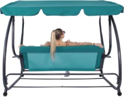 Banc De Balançoire Springos | Venise-Swing | 3 Places | Imperméable à L'eau | Comprend 2 Coussins | Auvent Réglable | 163 X 193 X 120 Cm | Turquoise -Jardin Meubles Magasin 1200x982