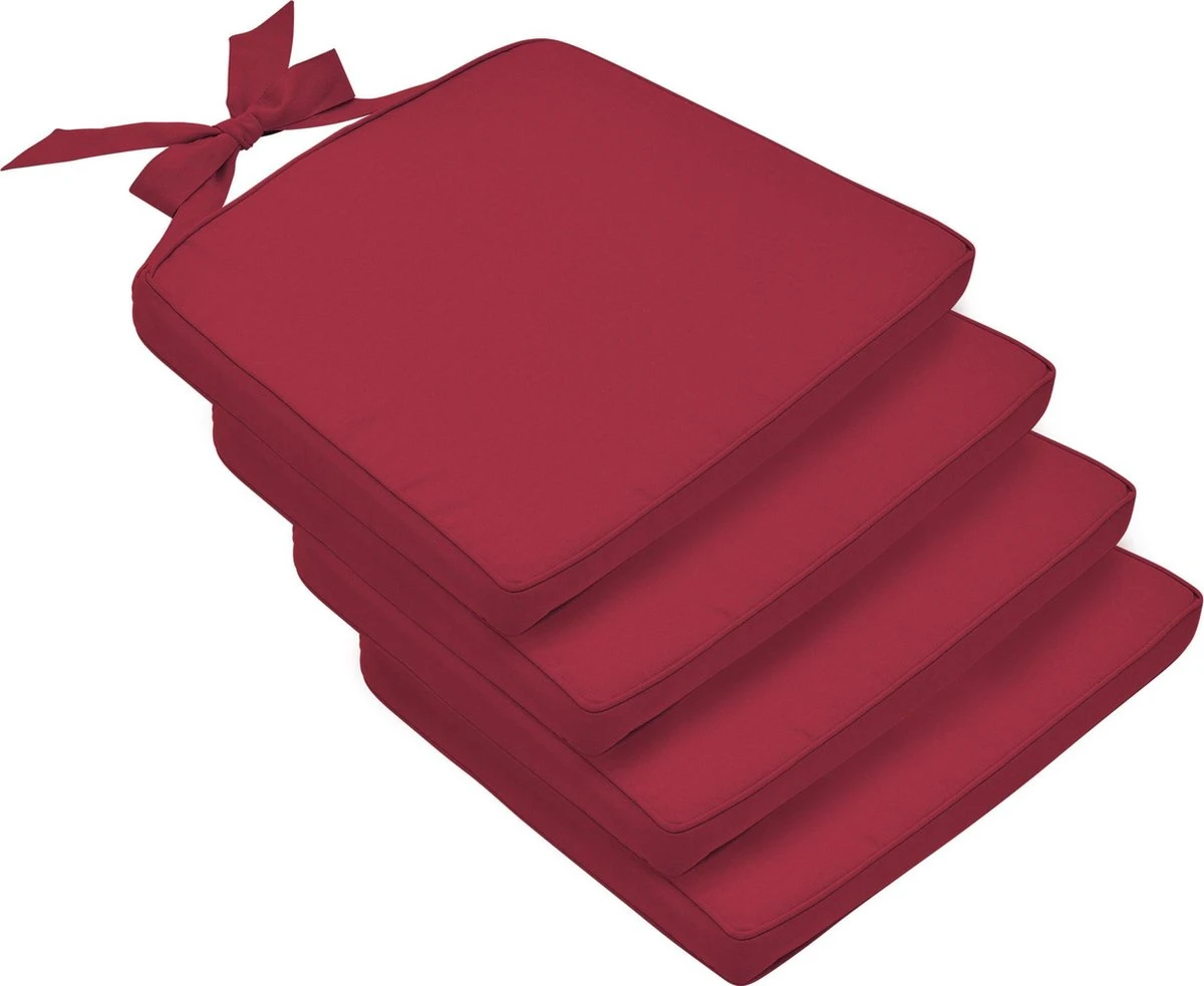 Chaise Beautissu Coussin Set De 4 Coussins D'assise D' Extérieur 45x40x5 Cm - Rouge - Coussin De Siège Avec Le Ruban - Pia 2 Chaise Beautissu Coussin Set De 4 Coussins D'assise D' Extérieur 45x40x5 Cm - Rouge - Coussin De Siège Avec Le Ruban - Pia – Image 2