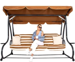 Banc De Balançoire Springos | Luna-Balançoire | 4 Places | Imperméable à L'eau | Comprend 2 Coussins | Auvent Réglable | 230 X 130 X 162 Cm | Marron/ Wit/ Grijs -Jardin Meubles Magasin 1200x987