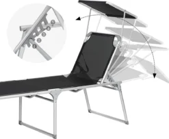 Bain De Soleil, Chaise Longue, Chaise De Jardin, Avec Toit Ouvrant, Dossier Réglable, Pliable, Léger, 55 X 193 X 31 Cm, Chargeable Jusqu'à 150 Kg, Jardin, Balcon Et Terrasse, Noir -Jardin Meubles Magasin 1200x987 5