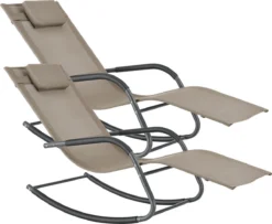 Lot De 2 Bains De Soleil à Bascule Fauteuils De Jardin à Repose-Tête Amovible Transats Stylés à Sèchage Rapide Capacité De Charge 120 Kg Acier Textile 147 X 63 X 89 Cm Beige [en.casa]