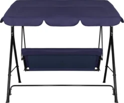 Banc De Balançoire Springos | Luna-Balançoire | 3 Places | Imperméable à L'eau | Comprend 2 Coussins | Auvent Réglable | 170 X 110 X 150 Cm | Bleu Marine -Jardin Meubles Magasin 1200x993