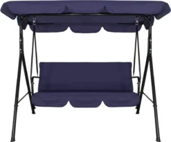 Banc De Balançoire Springos | Luna-Balançoire | 3 Places | Imperméable à L'eau | Comprend 2 Coussins | Auvent Réglable | 170 X 110 X 150 Cm | Bleu Marine -Jardin Meubles Magasin 1200x995