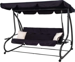 Banc De Balançoire Springos | Luna-Balançoire | 3 Places | Imperméable à L'eau | Comprend 2 Coussins | Auvent Réglable | 162 X 200 X 120 Cm | Noir -Jardin Meubles Magasin 1200x998 1