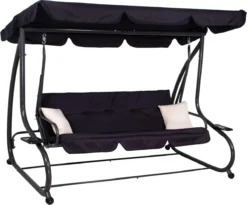 Banc De Balançoire Springos | Luna-Balançoire | 3 Places | Imperméable à L'eau | Comprend 2 Coussins | Auvent Réglable | 162 X 200 X 120 Cm | Noir -Jardin Meubles Magasin 1200x998 2