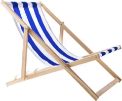 WOODOK - Chaise Longue En Bois De Hêtre De Haute Qualité Avec Trois Positions De Dossier Réglables / Lit De Plage - Blauw Avec Blanc
