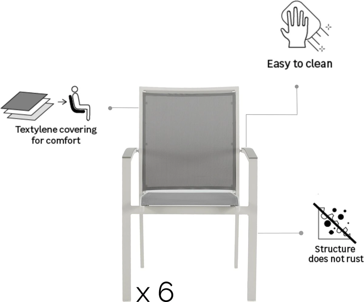 NATERIAL - Set De 6 Chaises De Jardin LAS VEGAS Avec Accoudoirs - 6 Chaises De Jardin - Empilables - Chaises De Terrasse - Chaises De Salle à Manger - Aluminium - Textilène - Grijs - Wit 2 NATERIAL - Set De 6 Chaises De Jardin LAS VEGAS Avec Accoudoirs - 6 Chaises De Jardin - Empilables - Chaises De Terrasse - Chaises De Salle à Manger - Aluminium - Textilène - Grijs - Wit – Image 2