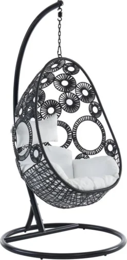 MYLIA Fauteuil Suspendu En Résine Tressée Noire Et Kussen Blanc - MAKAHA L 102 Cm X H 197 Cm X P 102 Cm -Jardin Meubles Magasin 585x1200