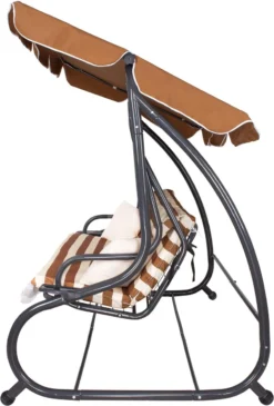 Banc De Balançoire Springos | Luna-Balançoire | 4 Places | Imperméable à L'eau | Comprend 2 Coussins | Auvent Réglable | 230 X 130 X 162 Cm | Marron/ Wit/ Grijs -Jardin Meubles Magasin 812x1200