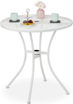 Table De Jardin Relaxdays Avec Trou Pour Parasol - Table De Bistrot Blanche - Table D'extérieur Ronde En Métal - Balcon