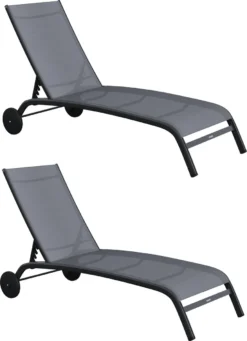 NATERIAL - Set De 2 Chaises Longues LYRA II - 2 X Chaises Longues Avec Dossier Réglable - 207x63x95 Cm - 4 Positions - Avec Roulettes - Fixe En Aluminium - Textilène - Anthracite