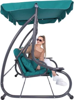 Banc De Balançoire Springos | Venise-Swing | 3 Places | Imperméable à L'eau | Comprend 2 Coussins | Auvent Réglable | 163 X 193 X 120 Cm | Turquoise -Jardin Meubles Magasin 889x1200