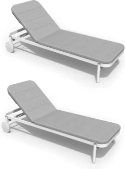 NATERIAL - Set De 2 Chaises Longues ARENA - 2 X Chaises Longues Avec Dossier Réglable - 198X82X90 Cm - 5 Positions - Avec Kussen - Avec Roulettes - Aluminium - Polypropylène - Wit - Grijs