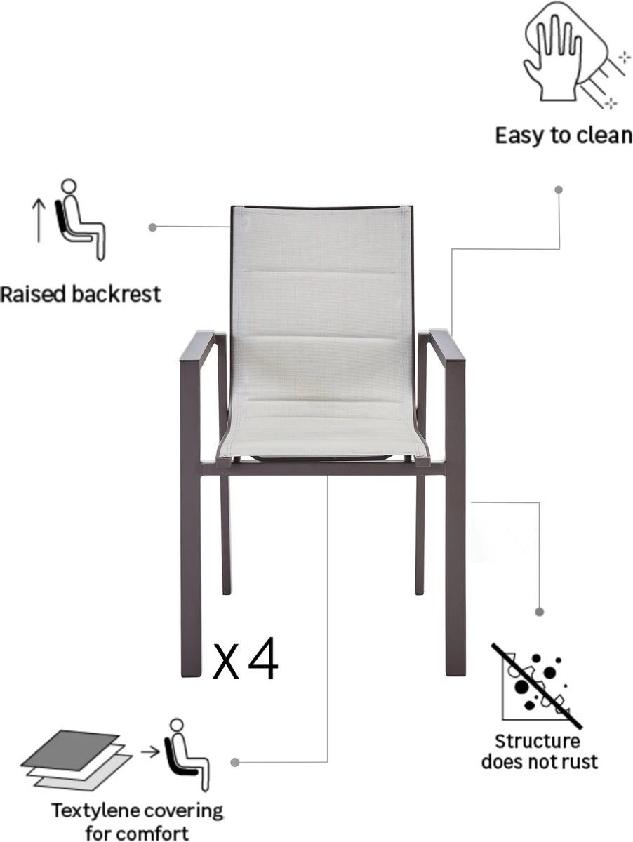 NATERIAL - Set De 4 Chaises De Jardin ORION GAMMA II Avec Accoudoirs - 4 Chaises De Jardin - Empilables - Chaises De Terrasse - Chaises De Chaises De Salle à Manger - Aluminium - Textilène - Marron - Beige 2 NATERIAL - Set De 4 Chaises De Jardin ORION GAMMA II Avec Accoudoirs - 4 Chaises De Jardin - Empilables - Chaises De Terrasse - Chaises De Chaises De Salle à Manger - Aluminium - Textilène - Marron - Beige – Image 2