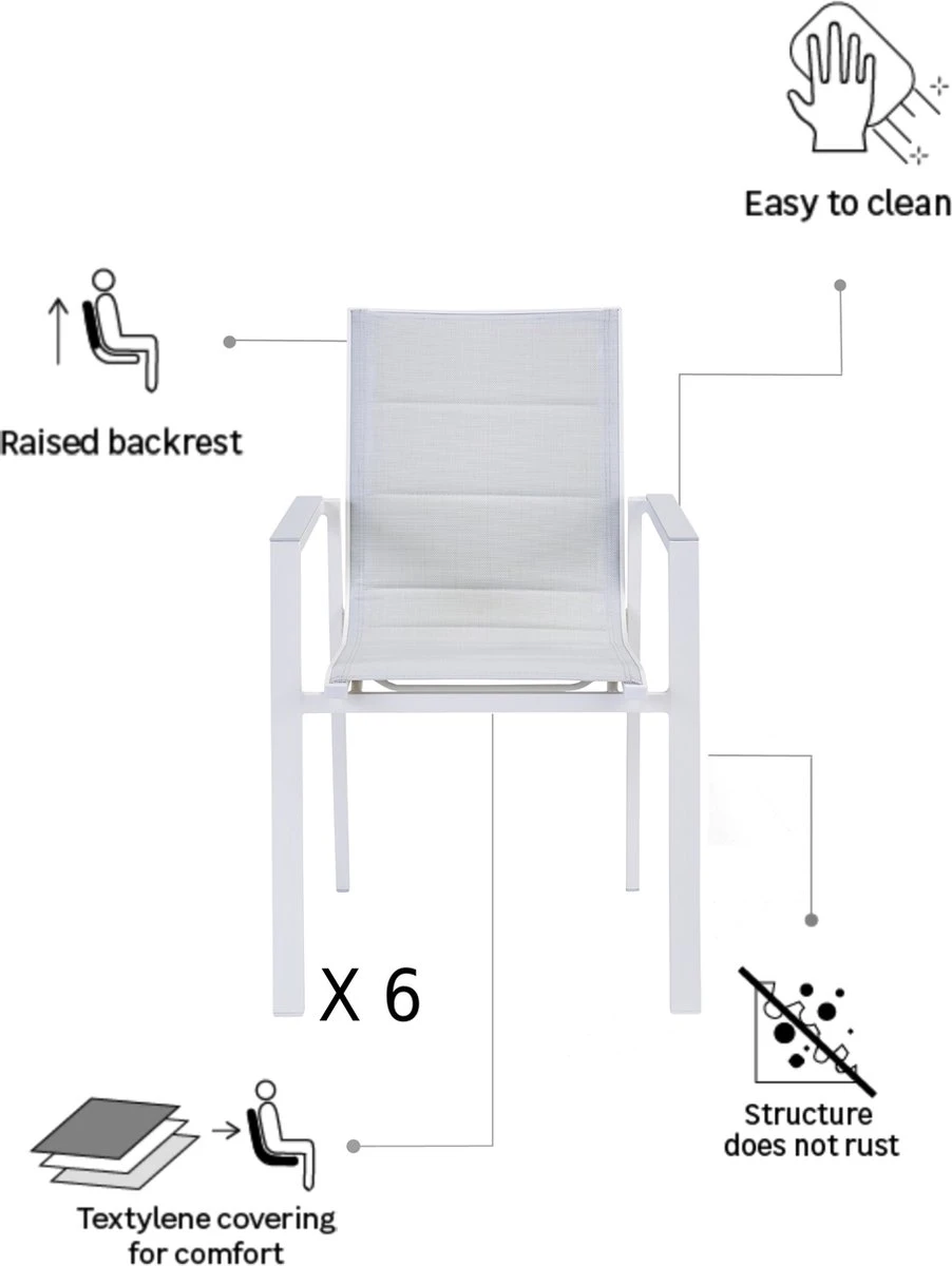 Set - Lot De 6 Chaises De Jardin ORION GAMMA II Avec Accoudoirs - 6 Fauteuils De Jardin - Empilables - Chaises De Terrasse - Chaises De Chaises De Salle à Manger - Aluminium - Textilène - Wit 2 Set - Lot De 6 Chaises De Jardin ORION GAMMA II Avec Accoudoirs - 6 Fauteuils De Jardin - Empilables - Chaises De Terrasse - Chaises De Chaises De Salle à Manger - Aluminium - Textilène - Wit – Image 2