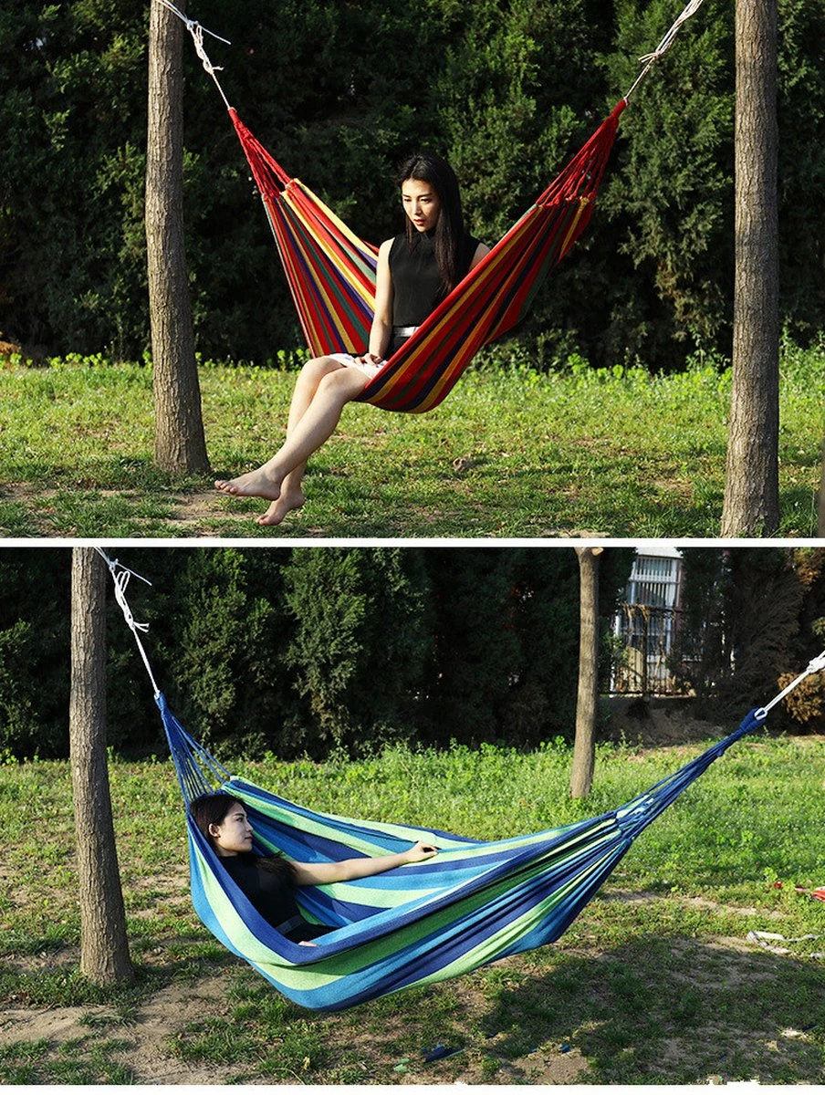 Hamac XL - 2 Personnes - Hamac Double En Toile Robuste - Blauw - Vert - Rayé - Dans Un Sac De Rangement + Cordes De Fixation - Résistant Aux Intempéries - Hamac - Plein Air - Camping - Été - 7 Hamac XL - 2 Personnes - Hamac Double En Toile Robuste - Blauw - Vert - Rayé - Dans Un Sac De Rangement + Cordes De Fixation - Résistant Aux Intempéries - Hamac - Plein Air - Camping - Été - – Image 7