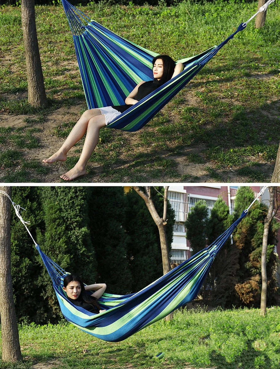 Hamac XL - 2 Personnes - Hamac Double En Toile Robuste - Blauw - Vert - Rayé - Dans Un Sac De Rangement + Cordes De Fixation - Résistant Aux Intempéries - Hamac - Plein Air - Camping - Été - 8 Hamac XL - 2 Personnes - Hamac Double En Toile Robuste - Blauw - Vert - Rayé - Dans Un Sac De Rangement + Cordes De Fixation - Résistant Aux Intempéries - Hamac - Plein Air - Camping - Été - – Image 8