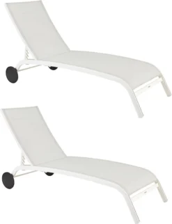 NATERIAL - Set De 2 Chaises Longues LYRA II - 2 X Chaises Longues Avec Dossier Réglable - 207x63x95 Cm - 4 Positions - Avec Roulettes - Fixe En Aluminium - Textilène - Wit