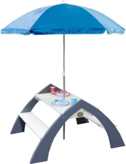 AXI Kylo Table Pique Nique Enfant En Bois Gris & Blanc - Table Picnic Avec Parasol Pour Le Jardin