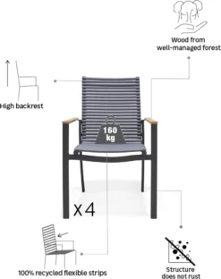 NATERIAL - Set De 4 Chaises De Jardin DORA Avec Accoudoirs - 4 X Chaises De Jardin - Empilables - Plastique Recyclé - Aluminium - Bois D'eucalyptus - Gris Foncé -Jardin Meubles Magasin 949x1200 1