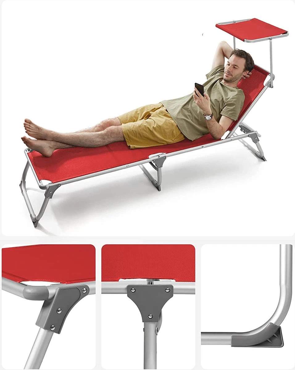 Chaise Longue Avec Toit, Chaise Longue, Chaise Longue De Jardin, Aluminium, Dossier Réglable, Pliable, , Jardin, Balcon, Terrasse, Rouge 4 Chaise Longue Avec Toit, Chaise Longue, Chaise Longue De Jardin, Aluminium, Dossier Réglable, Pliable, , Jardin, Balcon, Terrasse, Rouge – Image 4