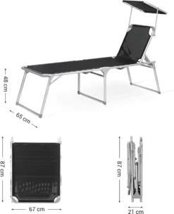 Bain De Soleil, Chaise Longue, Chaise De Jardin, Avec Toit Ouvrant, Dossier Réglable, Pliable, Léger, 55 X 193 X 31 Cm, Chargeable Jusqu'à 150 Kg, Jardin, Balcon Et Terrasse, Noir -Jardin Meubles Magasin 974x1200 1